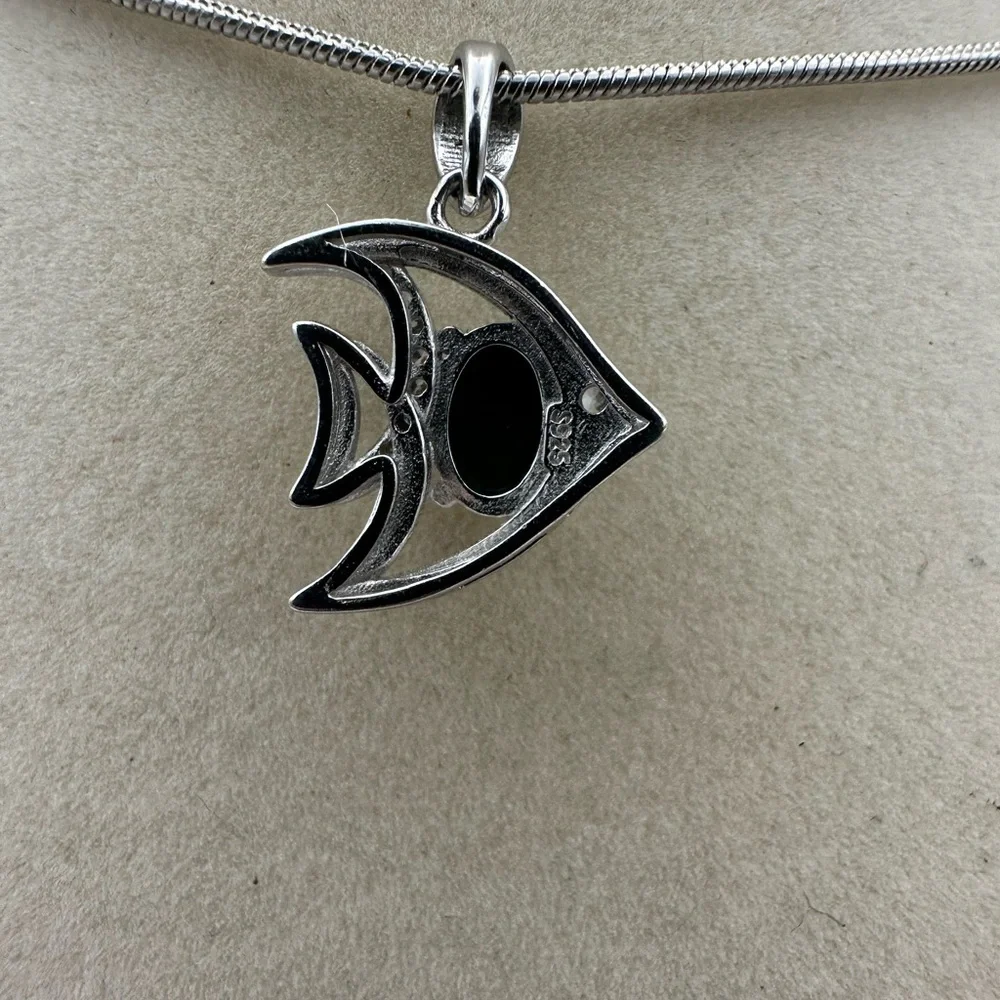 Silver Fish Pendant Necklace with Opal on Chain - Picture 6 of 9